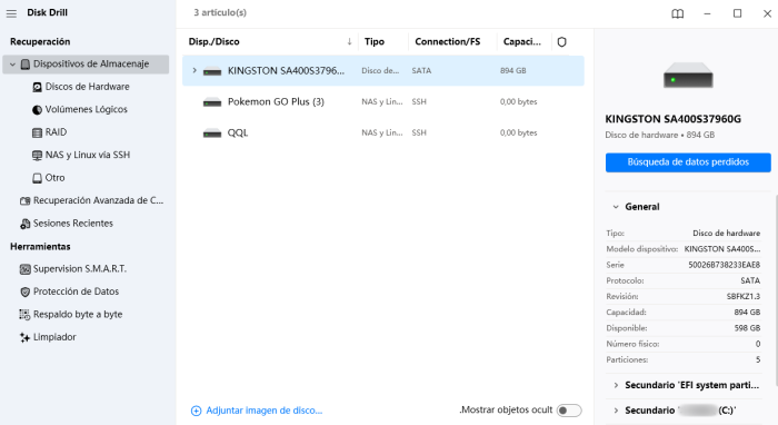 búsqueda de perforación de disco para datos perdidos