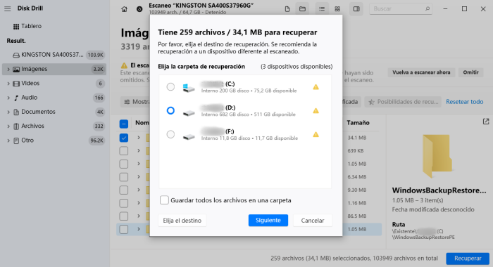 Disk Drill elija el destino de recuperación